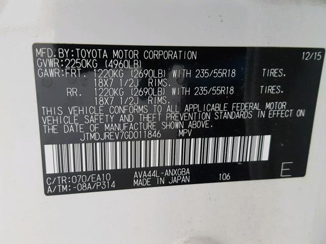 JTMDJREV7GD011846 - 2016 TOYOTA RAV4 HV LI WHITE photo 10