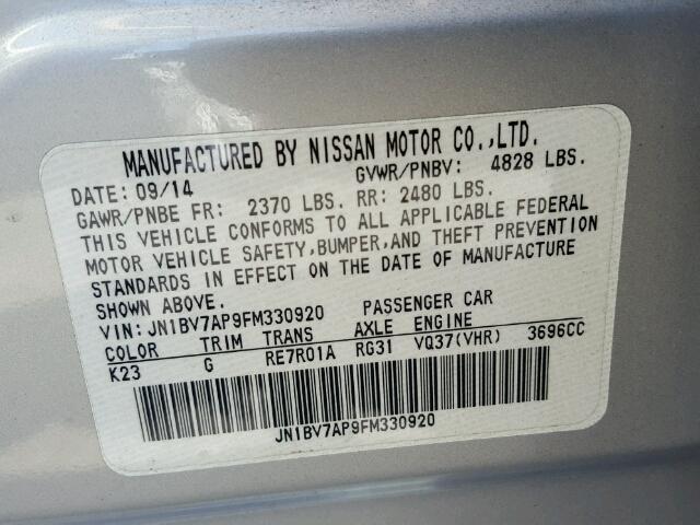 JN1BV7AP9FM330920 - 2015 INFINITI Q50 BASE SILVER photo 10