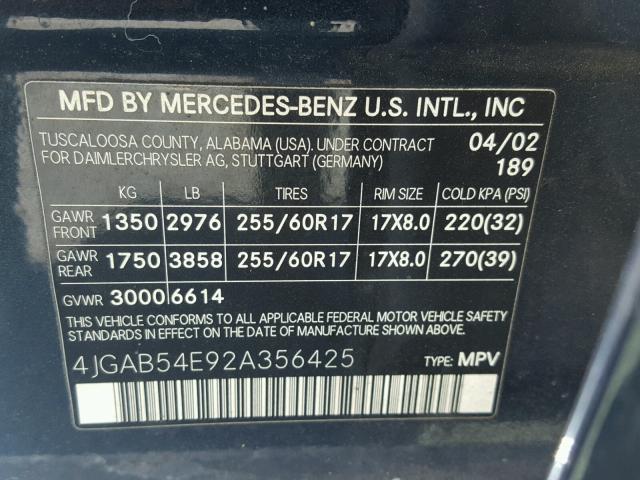 4JGAB54E92A356425 - 2002 MERCEDES-BENZ ML 320 BLUE photo 10