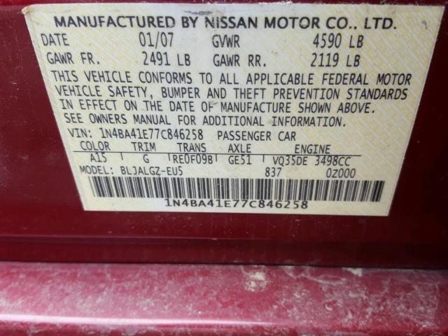 1N4BA41E77C846258 - 2007 NISSAN MAXIMA SE RED photo 10