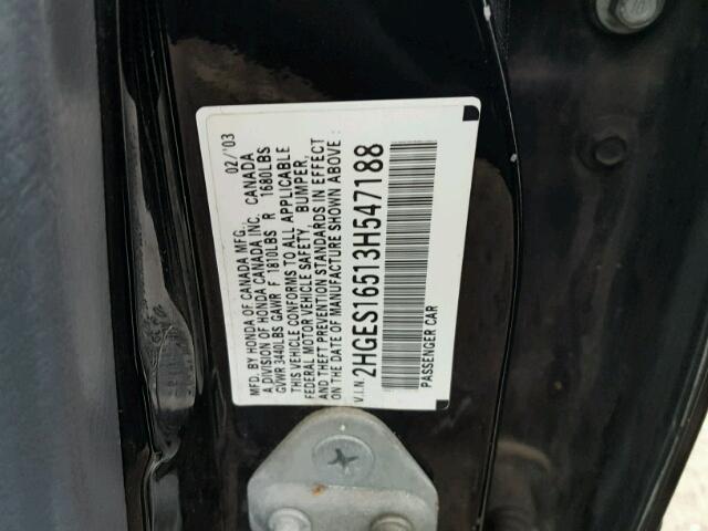 2HGES16513H547188 - 2003 HONDA CIVIC LX BLACK photo 10