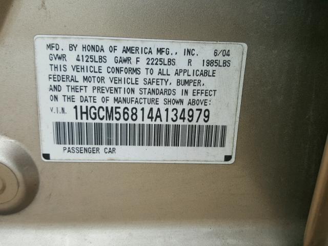 1HGCM56814A134979 - 2004 HONDA ACCORD EX TAN photo 10