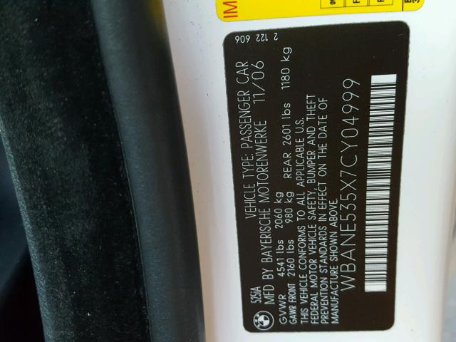 WBANE535X7CY04999 - 2007 BMW 525 I WHITE photo 10