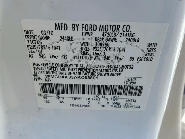 1FMCU4K33AKC68591 - 2010 FORD ESCAPE HYB WHITE photo 10