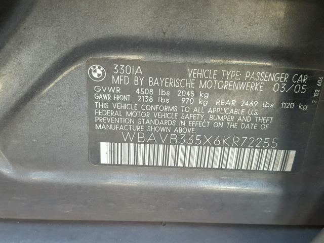 WBAVB335X6KR72255 - 2006 BMW 330 I GRAY photo 10