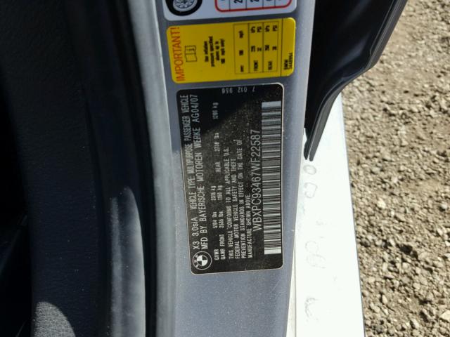 WBXPC93467WF22587 - 2007 BMW X3 3.0SI GRAY photo 10