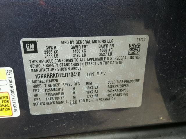 1GKKRRKD1EJ113416 - 2014 GMC ACADIA SLT ლურჯი ფოტო 10