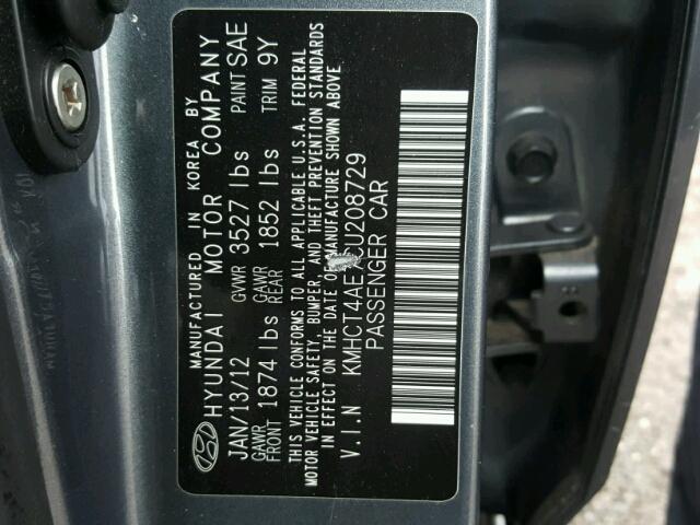 KMHCT4AE7CU208729 - 2012 HYUNDAI ACCENT GLS GRAY photo 10