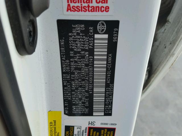 4T1BE46K99U871149 - 2009 TOYOTA CAMRY BASE WHITE photo 10