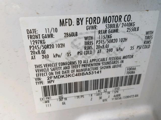 2FMDK3KC4BBA53141 - 2011 FORD EDGE LIMIT WHITE photo 10