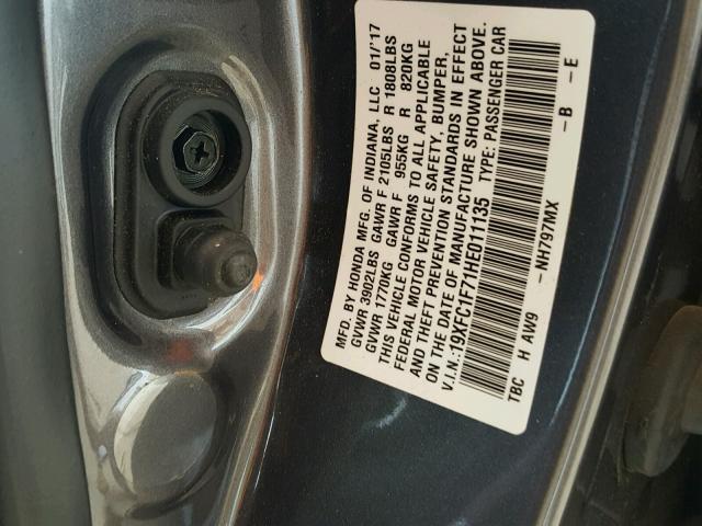 19XFC1F71HE011135 - 2017 HONDA CIVIC EXL 灰色 照片 10
