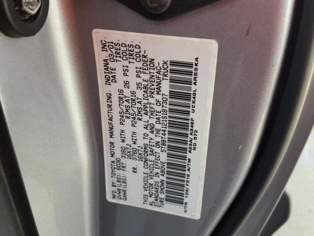 5TBBT44121S187307 - 2001 TOYOTA TUNDRA ACC SILVER photo 10