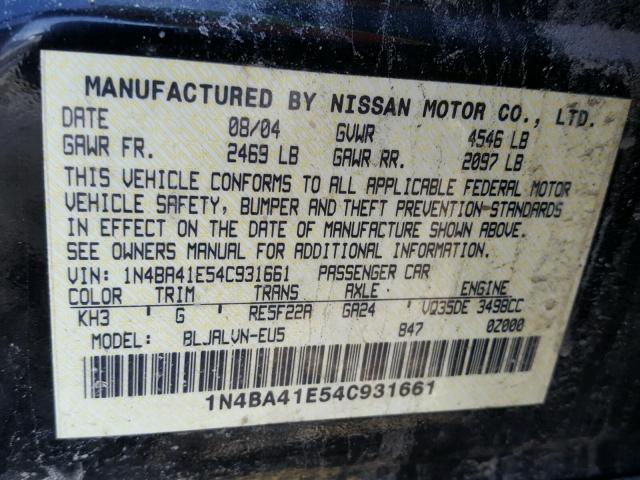 1N4BA41E54C931661 - 2004 NISSAN MAXIMA SE BLACK photo 10