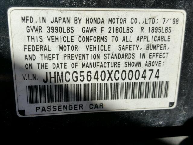 JHMCG5640XC000474 - 1999 HONDA ACCORD LX GREEN photo 10