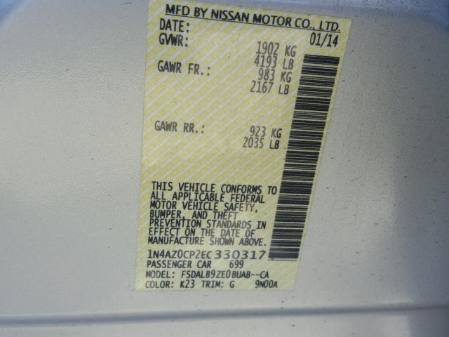 1N4AZ0CP2EC330317 - 2014 NISSAN LEAF S SILVER photo 10