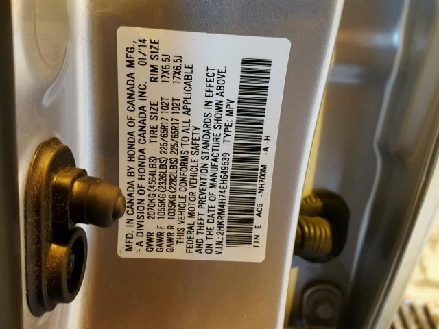 2HKRM4H74EH649539 - 2014 HONDA CR-V EXL SILVER photo 10