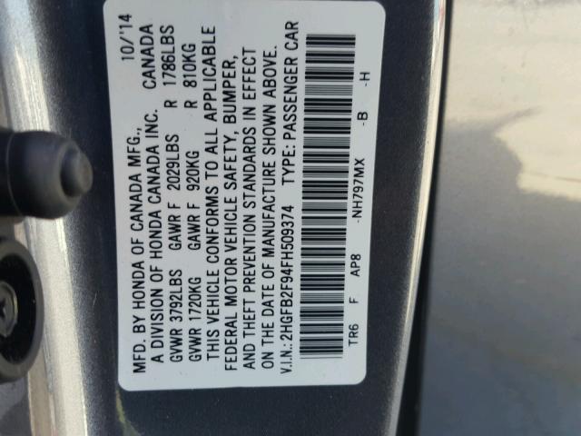 2HGFB2F94FH509374 - 2015 HONDA CIVIC EXL GRAY photo 10