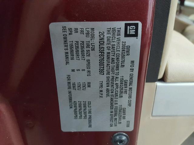 2CNDL63F876007397 - 2007 CHEVROLET EQUINOX LT MAROON photo 10