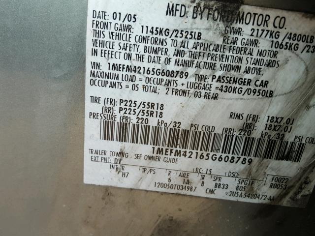 1MEFM42165G608789 - 2005 MERCURY MONTEGO PR 绿色 照片 10