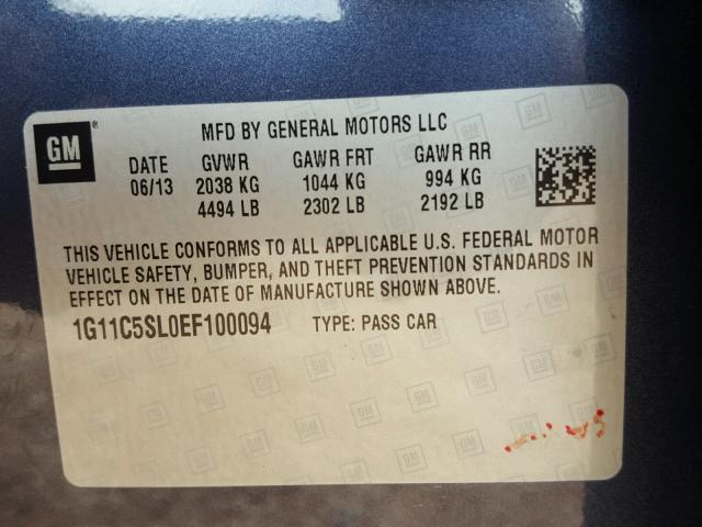 1G11C5SL0EF100094 - 2014 CHEVROLET MALIBU 1LT BLUE photo 10