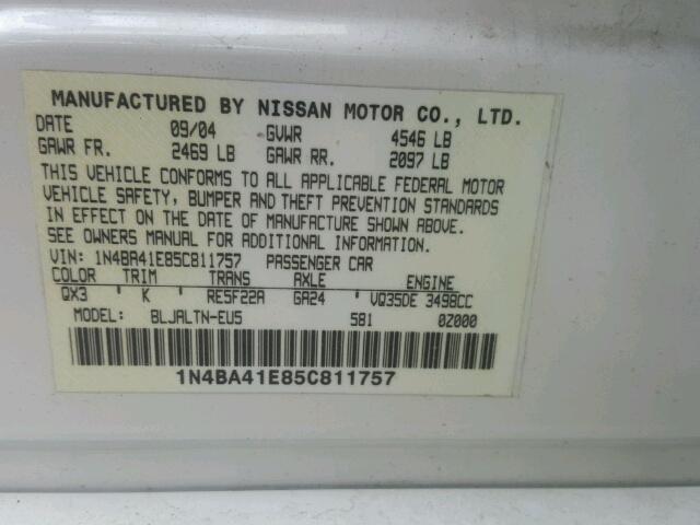 1N4BA41E85C811757 - 2005 NISSAN MAXIMA SE WHITE photo 10