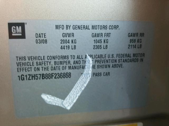 1G1ZH57B88F236868 - 2008 CHEVROLET MALIBU 1LT 棕色 照片 10