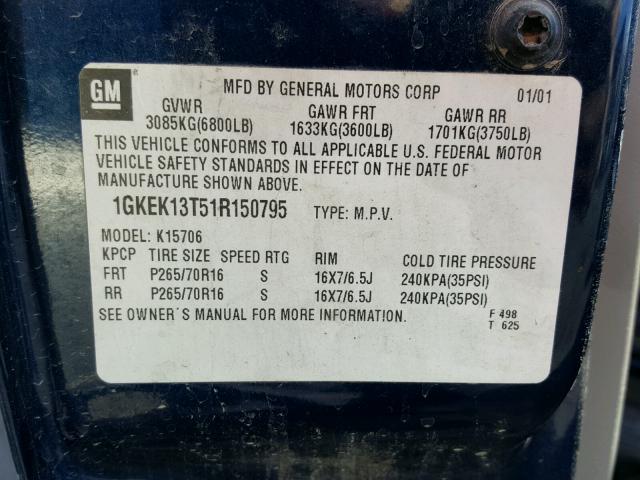 1GKEK13T51R150795 - 2001 GMC YUKON BLUE photo 10