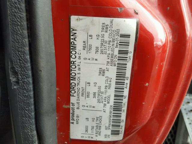 3FRNX65F94V661236 - 2004 FORD F650 SUPER RED photo 10