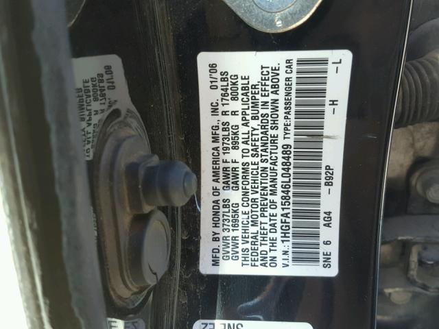 1HGFA15846L048489 - 2006 HONDA CIVIC EX BLACK photo 10