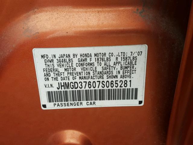 JHMGD37607S065281 - 2007 HONDA FIT S ნარინჯისფერი ფოტო 10