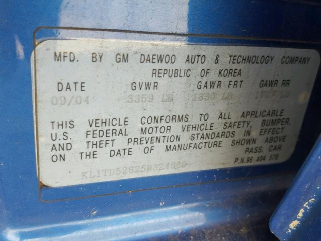 KL1TD52625B324960 - 2005 CHEVROLET AVEO BASE Mavi foto 10