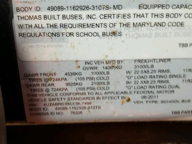 4UZABRDT8CCBL7499 - 2012 FREIGHTLINER CHASSIS B2 黄色 照片 10