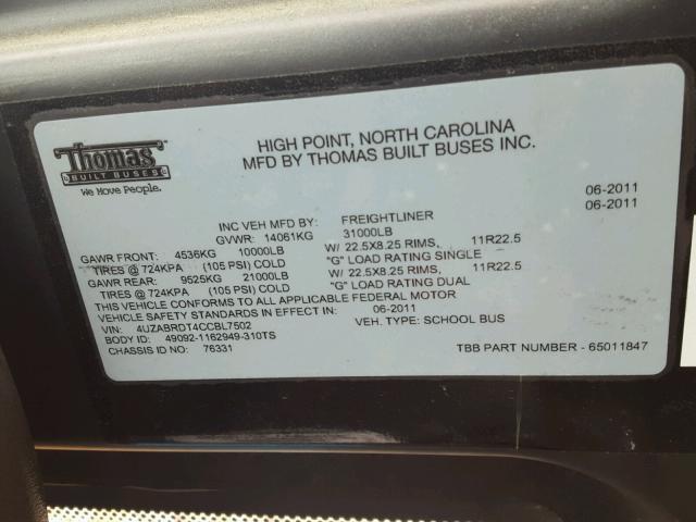 4UZABRDT4CCBL7502 - 2012 FREIGHTLINER CHASSIS B2 ყვითელი ფოტო 10