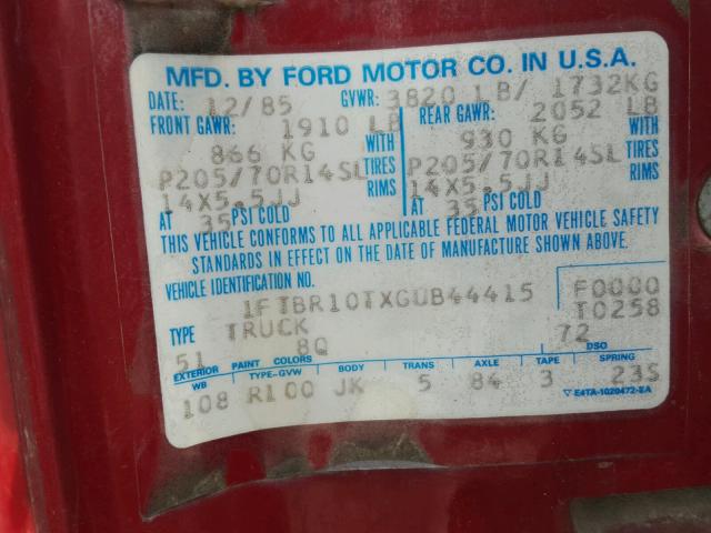 1FTBR10TXGUB44415 - 1986 FORD RANGER RED photo 10