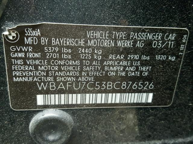 WBAFU7C53BC876526 - 2011 BMW 535 XI Siyah fotoğraf 10