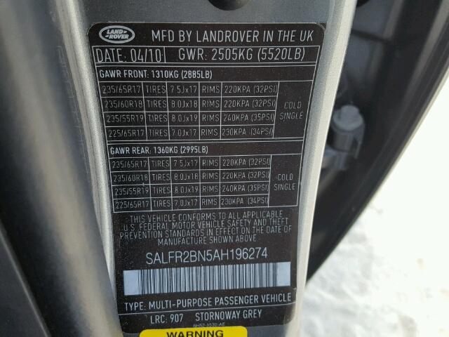 SALFR2BN5AH196274 - 2010 LAND ROVER LR2 HSE GRAY photo 10