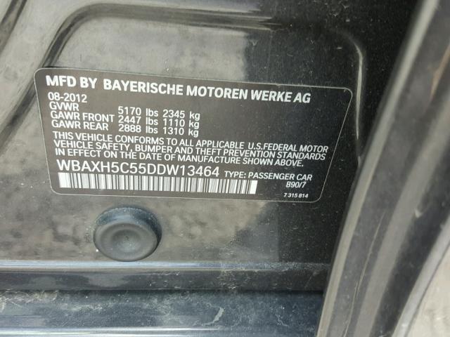 WBAXH5C55DDW13464 - 2013 BMW 528 XI CHARCOAL photo 10