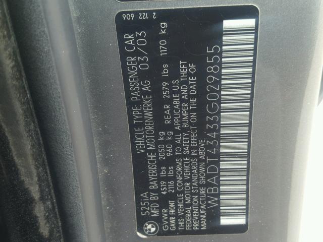 WBADT43433G029855 - 2003 BMW 525 I AUTO GRAY photo 10
