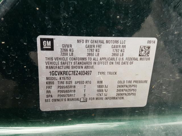 1GCVKREC7EZ403497 - 2014 CHEVROLET SILVERADO GREEN photo 10