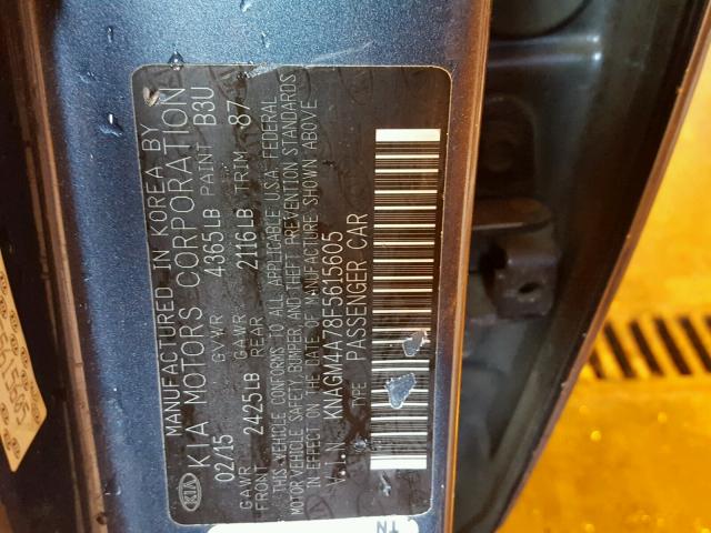 KNAGM4A78F5615605 - 2015 KIA OPTIMA LX BLUE photo 10