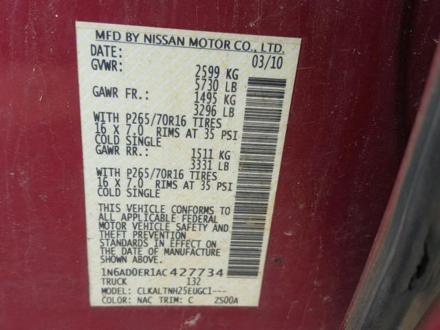 1N6AD0ER1AC427734 - 2010 NISSAN FRONTIER C RED photo 10