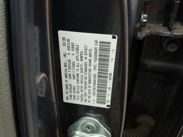 1HGCP36718A043302 - 2008 HONDA ACCORD EX GRAY photo 10