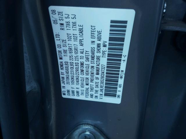 JHLRE38528C047327 - 2008 HONDA CR-V EX SILVER photo 10