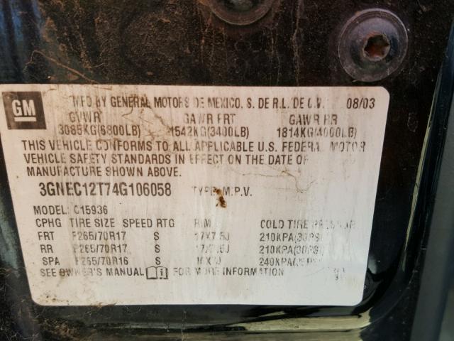 3GNEC12T74G106058 - 2004 CHEVROLET AVALANCHE BLACK photo 10