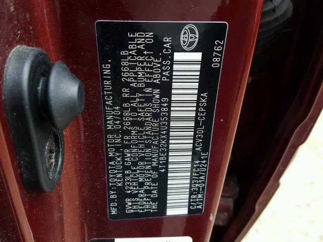 4T1BE32KX4U353849 - 2004 TOYOTA CAMRY LE BURGUNDY photo 10