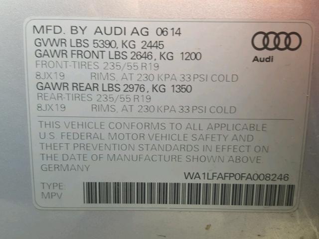 WA1LFAFP0FA008246 - 2015 AUDI Q5 PREMIUM SILVER photo 10