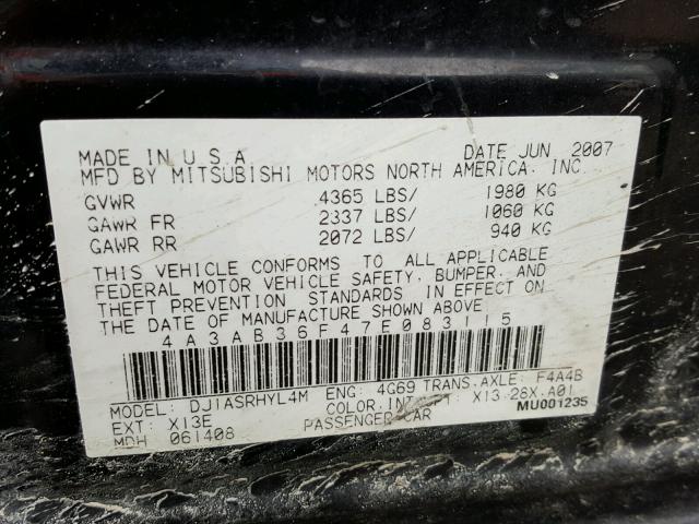 4A3AB36F47E083115 - 2007 MITSUBISHI GALANT ES BLACK photo 10