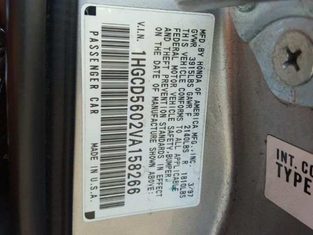 1HGCD5602VA158266 - 1997 HONDA ACCORD SE SILVER photo 10