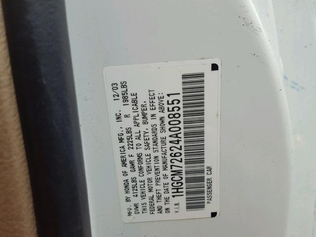 1HGCM72624A008551 - 2004 HONDA ACCORD EX WHITE photo 10