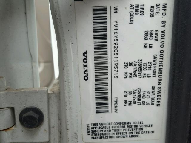 YV1CY592051195715 - 2005 VOLVO XC90 WHITE photo 10